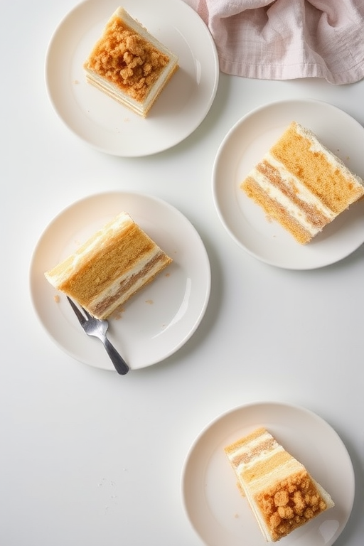 Aerial view of several slices of layered cake on white plates arranged on a light surface with a fork on one plate and a napkin in the background. The cake features cream and sponge layers with a crumb topping. The setting is bright and minimalist.