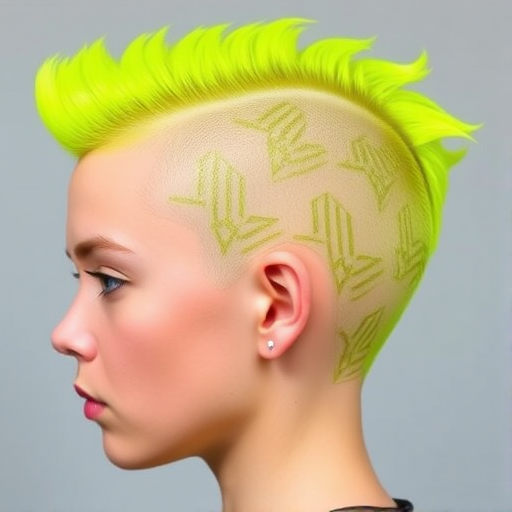 Neon yellow buzz cut with intricate geometric patterns shaved into the sides, called "Electric Hive," featuring a bold, futuristic aesthetic and a high-shine finish