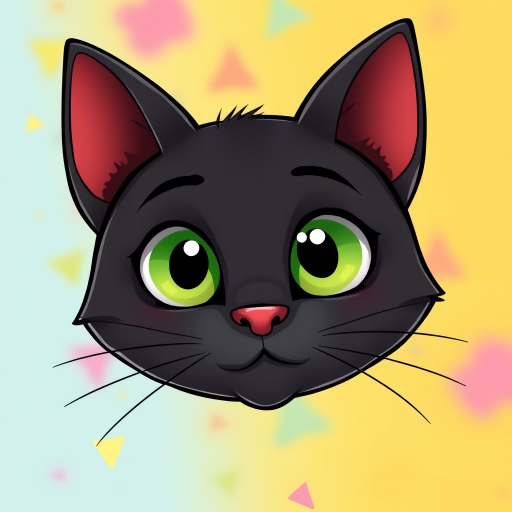 Create a high-resolution cartoon illustration of a cute black cat face with oversized green eyes, using a digital camera with a 50mm lens, f/2.8 aperture, 1/100s shutter speed, 300 DPI, and a bright, colorful background.