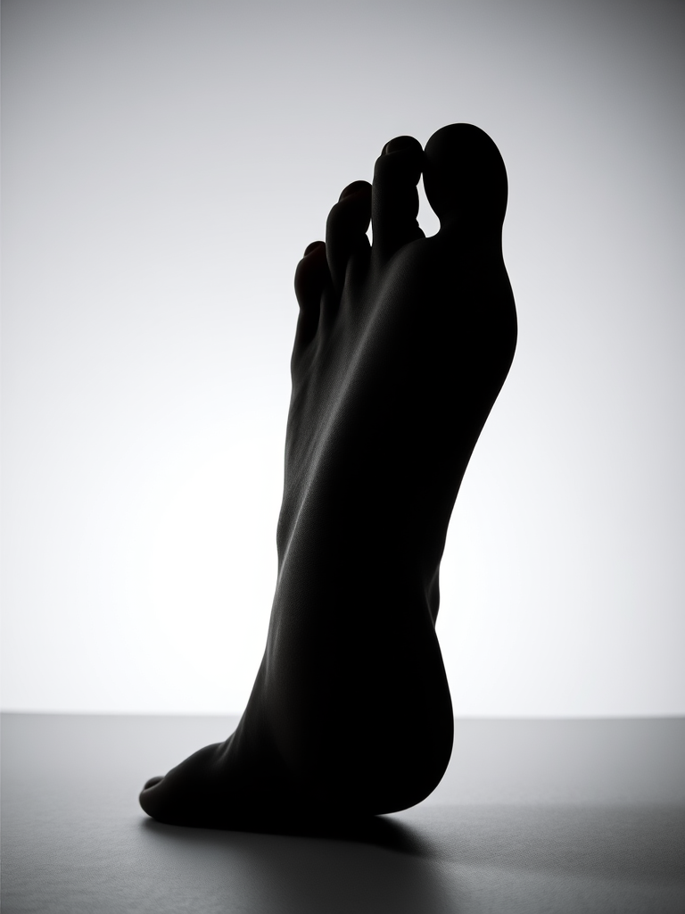 Create an image of a large, detailed human foot silhouette on a contrasting background, using a DSLR camera with a 50mm lens, aperture set to f/2.8, ISO 100, and shot at eye level, with soft lighting to enhance the smooth contours and textures.