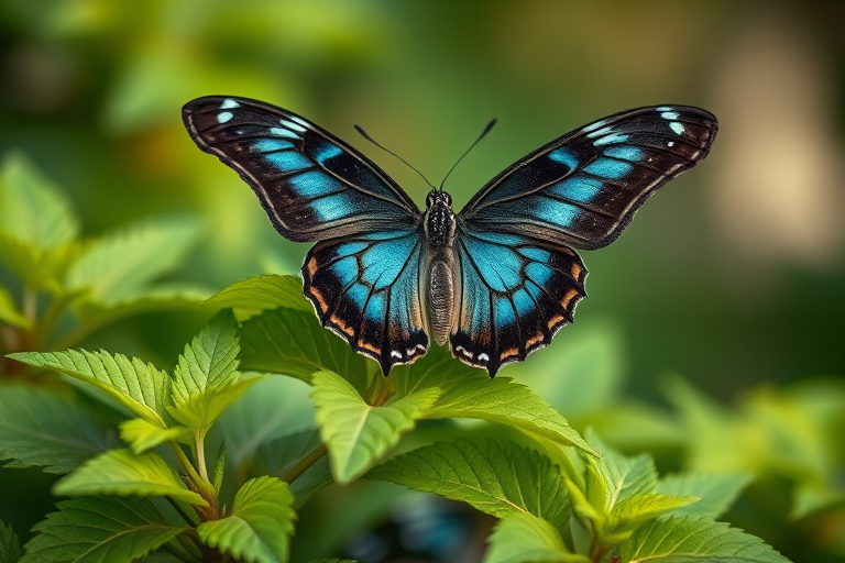 Generate an image of a butterfly resting on green leaves, showcasing intricate patterns with dark wings featuring blue and white markings. The background should be softly blurred to emphasize the butterfly's vibrant colors and details.