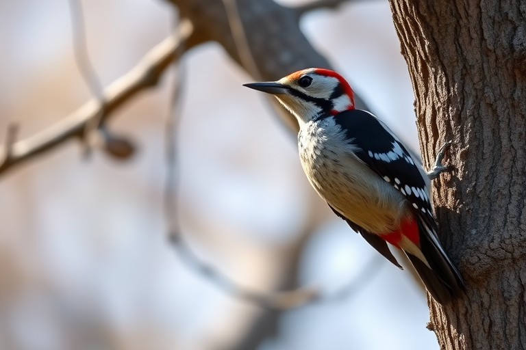 Capture a close-up of a woodpecker on a tree branch with a shallow depth of field, using a DSLR camera with a 300mm lens, aperture set to f/2.8, ISO 200, and shutter speed of 1/1000s, in natural lighting to enhance color vibrance and detail.