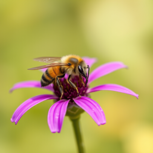 macro shot of a bee on a vibrant purple flower with a blurred background, ISO 100, f/2.8, 1/500s, 50mm lens, natural light, soft focus, high detail