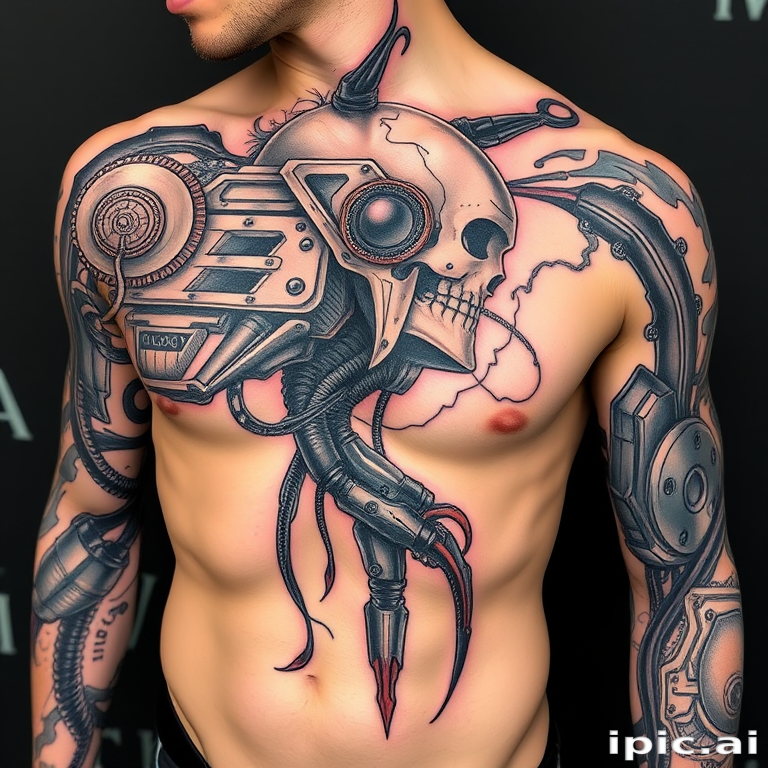Biomechanical tattoo dubbed "Cyber Fusion" blending organic forms with mechanical elements to create the illusion of robotic parts seamlessly integrated with human anatomy