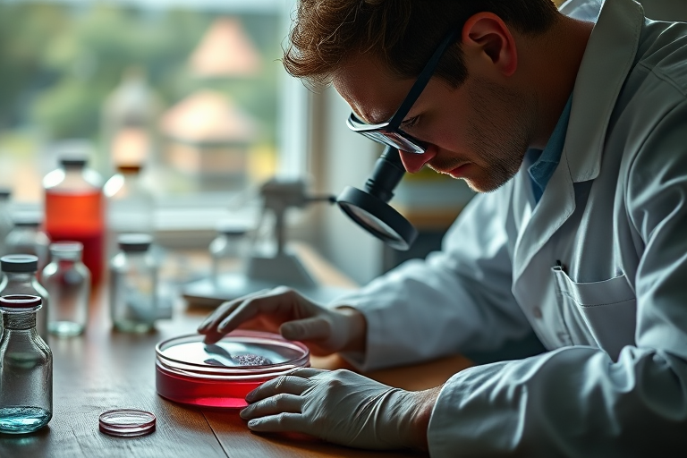 create a high-resolution digital illustration of a scientist examining a petri dish with a magnifying glass on a wooden table with laboratory equipment in the background, using a Canon EOS R5 with a 50mm lens, f/1.8 aperture, 1/200s shutter speed, and natural lighting to enhance details and colors
