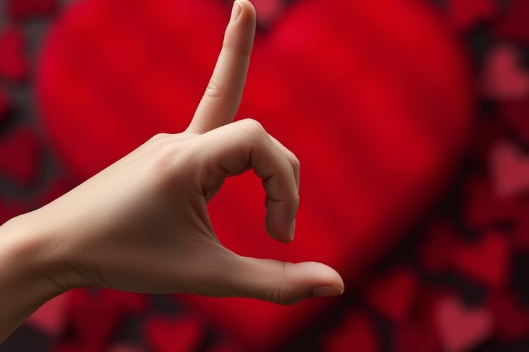Create an image of a hand forming the letter "L" in front of a blurred red heart background, using a DSLR camera with a 50mm lens, aperture set to f/1.8, ISO 100, and a soft focus effect.