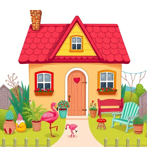 Regenerate a colorful digital illustration of a whimsical house with a red roof surrounded by a variety of playful garden items including a flamingo, gnome, and various outdoor furniture, using a bright, cheerful color palette; Camera Type: digital, Camera Style: illustration, Camera View: wide angle, Settings: high resolution, f/2.8 aperture, ISO 100.