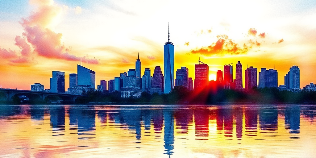 Generate a vibrant watercolor skyline of a city at sunset, capturing the reflection on water, with the camera set to 50mm lens, aperture f/8, shutter speed 1/125s, using a DSLR camera in landscape mode for enhanced depth and detail.