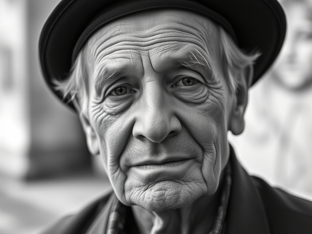 Portrait of an elderly man wearing a dark hat, captured in black and white, shallow depth of field, 50mm lens, f/1.8 aperture, ISO 200, natural lighting, soft focus background.