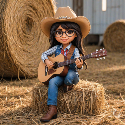 A chibi mia khalifa, dressed as a cowboy, playing guitar, sitting on a hay bale