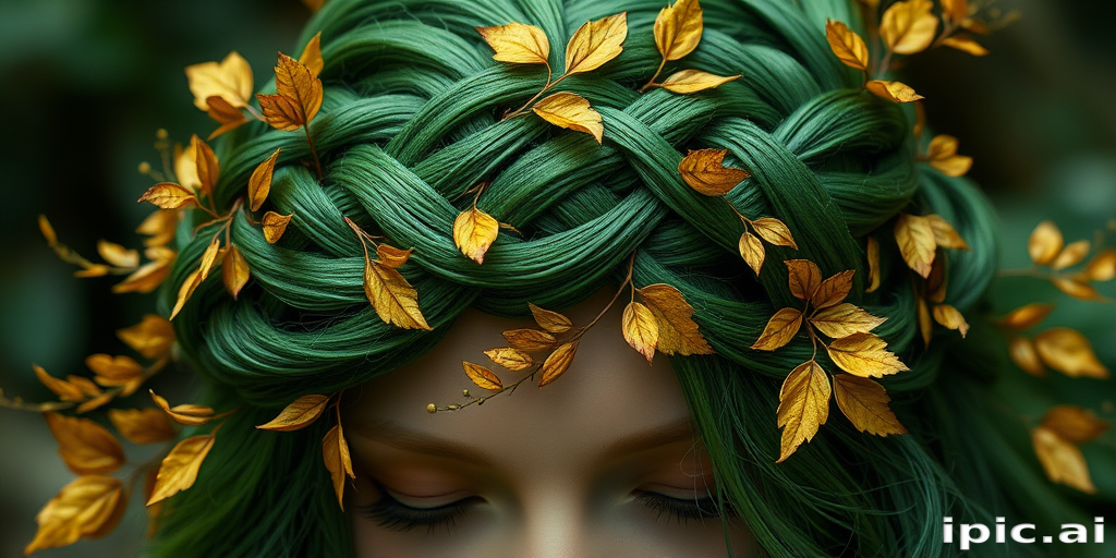 Enchanting emerald green braided crown intertwined with delicate golden leaves, evoking a mystical forest nymph aura, named "Verdant Whisper"