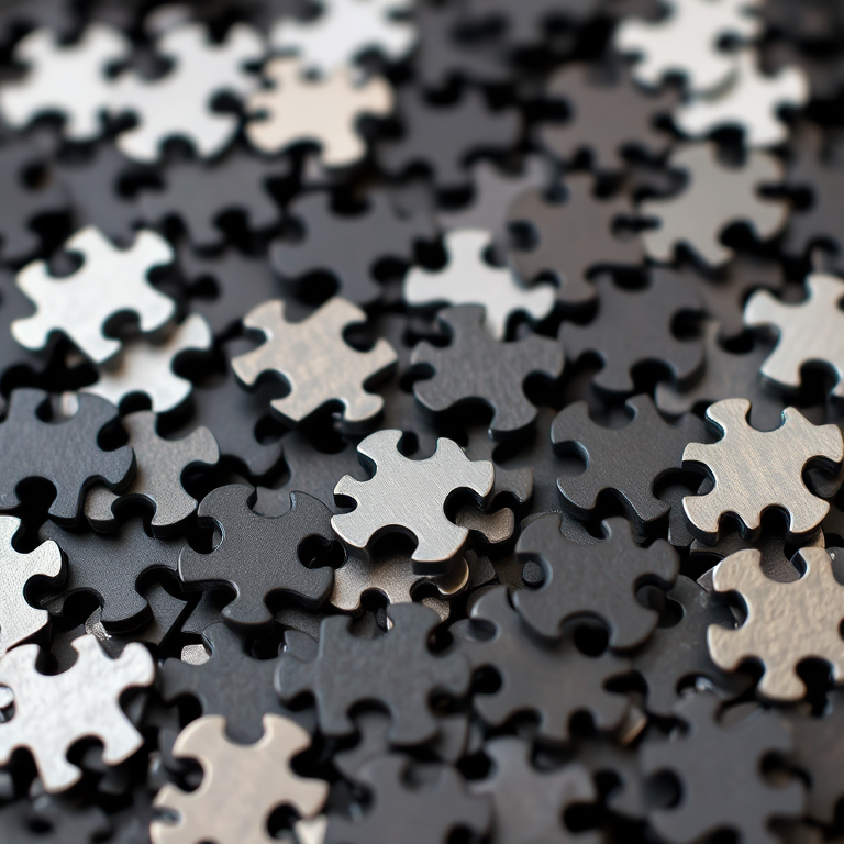 highly detailed close-up of a pile of black and silver jigsaw puzzle pieces, 50mm lens, f/2.8 aperture, ISO 100, natural lighting, shallow depth of field, DSLR camera, macro photography style