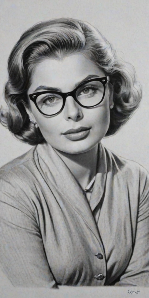 Charming Ingrid Bergman, pencil sketch, portrait of Stunning woman 1958s in glasses, hair style beatnik, outline, clear lines, fine lines, 8k