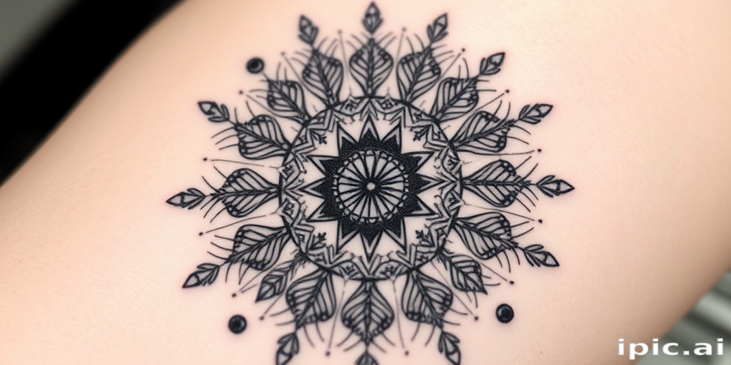 Delicate blackwork mandala tattoo called "Sacred Geometry" showcasing intricate repeating patterns radiating from a central point with varying line weights and dotwork shading