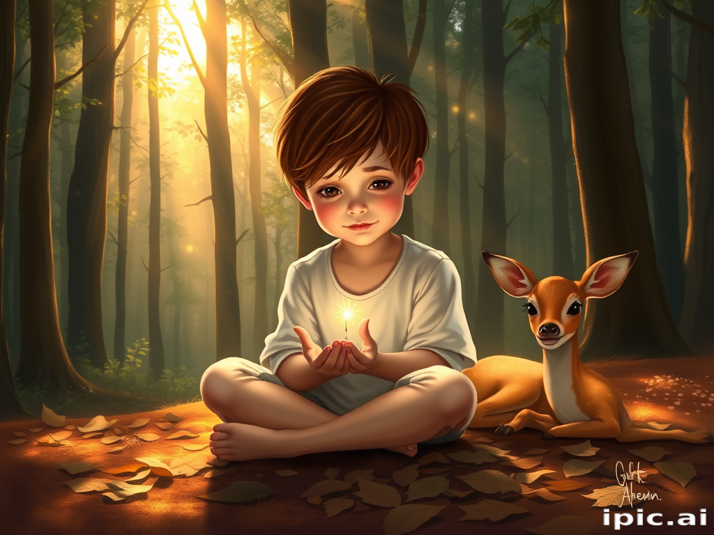A luminous digital painting of a serene forest scene featuring a barefoot young boy, about 7 years old, with brown hair and fair skin, dressed in a simple white outfit. He sits cross-legged on the forest floor, gazing at a small, glowing, magical firefly in his hand. Beside him, a delicate spotted deer lies calmly on a bed of dried leaves, observing the scene. The dense forest is bathed in warm, golden light filtering through the trees, creating a peaceful, magical atmosphere with a blend of natural and mystical elements.