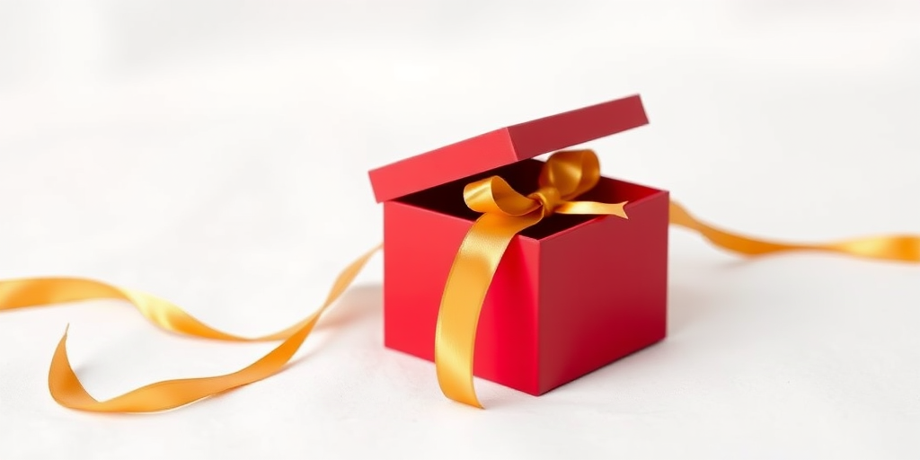 A vibrant red gift box with an open lid and a flowing golden ribbon on a soft white background, shot with a Canon EOS R5 at f/2.8, ISO 100, and a 50mm lens to enhance clarity and depth.