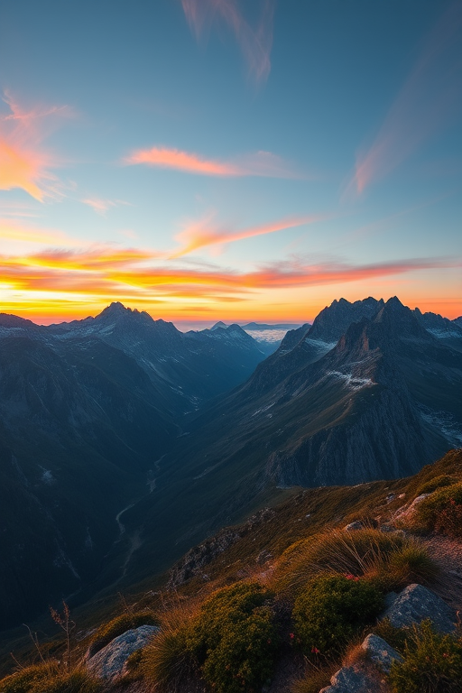 Create a high-resolution image of a serene mountain landscape at sunset, captured with a Canon EOS R5, ISO 100, f/8 aperture, 1/125 sec shutter speed, with a wide-angle lens, shot from a low angle to emphasize the foreground and vibrant colors in the sky.