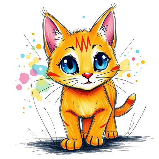 A vibrant childs coloured pencil drawn illustration of a bright orange cat with large, expressive blue eyes, a very cute style. The cat appears to be walking towards the viewer, surrounded by an abstract splash of colors and fine black lines, giving the image a dynamic and artistic flair. The background is a soft beige, highlighting the cat's vivid coloration and playful demeanor. Naively drawn scratchy line style.