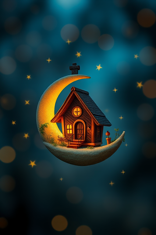 A whimsical cottage on a crescent moon surrounded by twinkling stars, in vibrant colors, captured with a Canon EOS R5, 50mm lens, aperture f/2.8, ISO 100, 1/125s, soft focus with a dreamy bokeh background.
