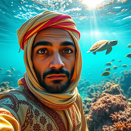 Realistic selfie image of a Sahrawi, wearing a vintage outfit, detailed dreamy eyes, droopy hooded eyes, staring at the camera, taken underwater at coral reef with a sunbeam filtering through the water, vibrant, summer vacation, natural lighting, turtle and school of tropical fish with vibrant colors, rendered in the style of CryEngine, Pegi Nicol MacLeod, with realistic genre scenes, hauntingly beautiful narratives, ultra-realism, and Thomas Saliot's close-up technique, 8K resolution, crystal clear and sparkling water.