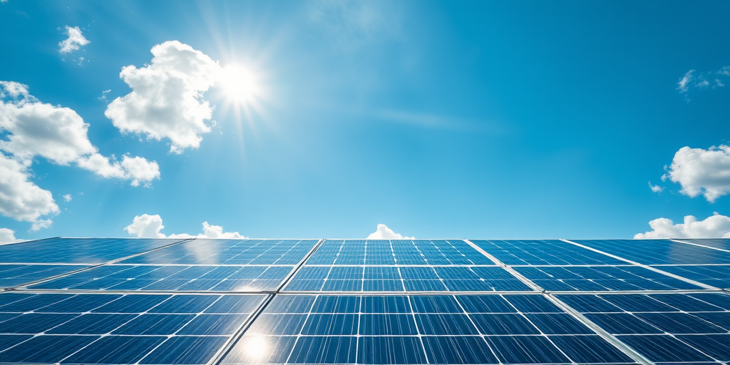 high-resolution image of solar panels under a bright blue sky with sun rays shining through clouds, shot at an angle to emphasize the panels, using a DSLR camera with a 24mm lens, aperture set to f/8, ISO 100, shutter speed 1/500s, in natural light conditions.