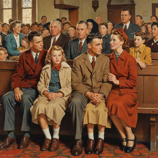 In the style of Norman Rockwell, a 1953 young family, looking pleasantly content is sitting in church, wearing cold weather clothing in autumn colors