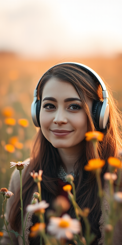 portrait of a woman with headphones in a field of wildflowers, soft natural lighting, shallow depth of field, ISO 100, f/1.8, 50mm lens, shot on a DSLR camera, warm colors for an inviting atmosphere.