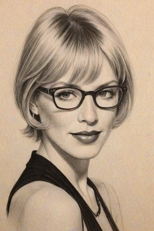 Wonderful Debbie Gibson, pencil sketch, portrait of Elegant woman 1928s in glasses, hair style beatnik, outline, clear lines, fine lines, 8k