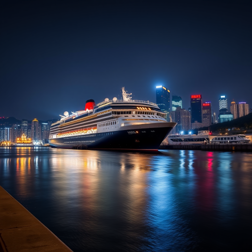 Nighttime cityscape featuring a illuminated cruise ship docked with reflections in the water, captured with a DSLR camera at f/8 aperture, ISO 200, shutter speed 5 seconds, using a wide-angle lens at 24mm focal length, shot from a low angle to emphasize the ship and skyline.