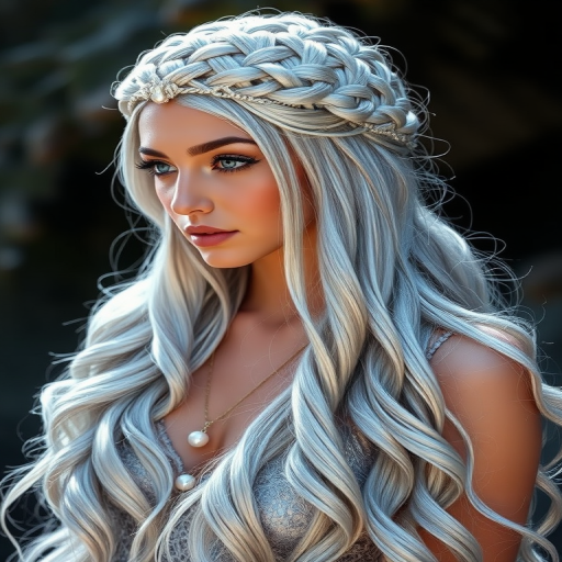 Striking silver-platinum mermaid waves cascade down to the waist, shimmering with an ethereal glow that catches the light like moonbeams on water, showcasing the "Lunar Cascade" style with its intricate braided crown and delicate pearl accents woven throughout the flowing tresses, creating a mesmerizing and otherworldly appearance that captivates onlookers and exudes an air of mystical elegance
