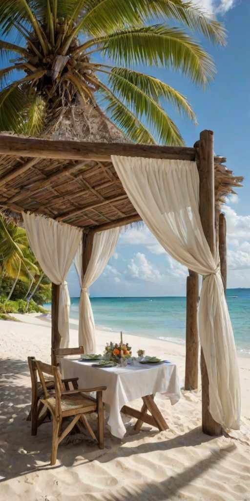 Create a picturesque tropical beach scene featuring a serene, white sandy shore. In the foreground, there's a rustic wooden canopy with white drapes gently flowing in the breeze. Underneath the canopy, a table is set with tropical decor, evoking a sense of relaxation and leisure. The beach extends into a calm, shallow water area with reflections of the sky and surroundings. Palm trees and lush greenery line the edge of the beach, providing a natural, tropical backdrop. The sky is clear with a few scattered clouds, and the overall atmosphere is tranquil and inviting, perfect for a peaceful retreat.
