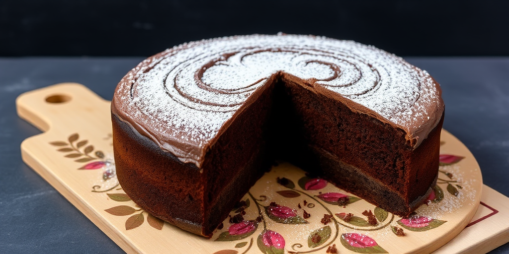 A freshly baked chocolate cake with a slice cut out, topped with powdered sugar, placed on a decorative cake board, with a dark textured background.