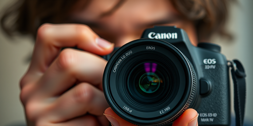 Capture a close-up shot of a person holding a camera, focusing on the lens details, using a Canon EOS 5D Mark IV, f/2.8 aperture, 50mm lens, ISO 100, with soft lighting and a shallow depth of field to create a blurred background.