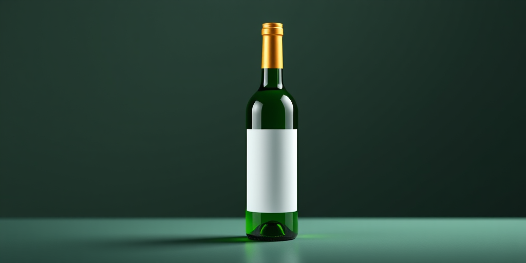 create a realistic illustration of a green wine bottle with a blank label, studio lighting for soft reflections, depth of field for background blur, using a DSLR camera with a 50mm lens, aperture set to f/2.8, ISO 100, and a shutter speed of 1/60 seconds