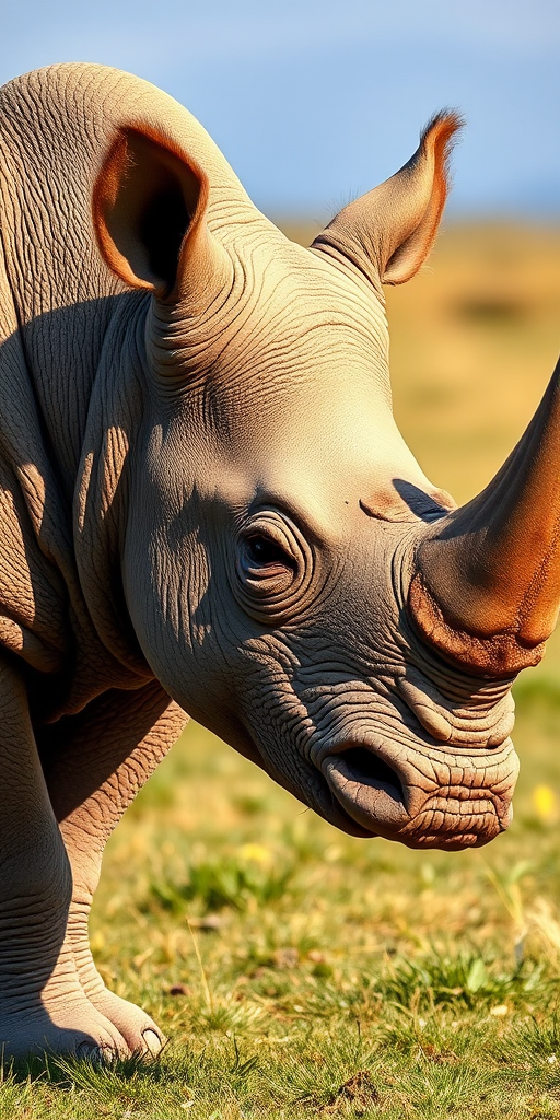 Create a high-resolution illustration of a side profile of a rhinoceros standing on grass, with intricate details in its skin texture, using a DSLR camera set to f/8 aperture, 1/200 shutter speed, ISO 200, with a telephoto lens at 100mm focal length, in natural daylight for optimal lighting and shadow detail.