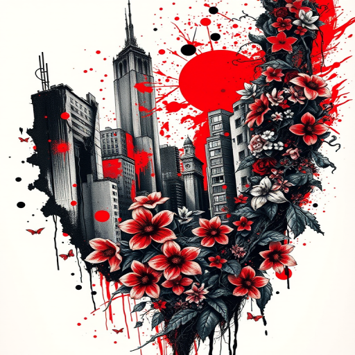 Trash polka tattoo titled "Urban Decay" combining bold, chaotic red and black elements with photorealistic grayscale imagery, featuring a crumbling cityscape juxtaposed with organic forms like vines and flowers, creating a striking contrast between man-made structures and nature's resilience
