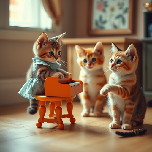 A charming scene of three cute cats in a vintage-style room. One cat, wearing a small, light-blue dress, sits on a tiny stool playing a miniature orange piano. Two other cats, with wide, curious eyes, watch the piano-playing cat intently. The room has warm lighting, with a cozy, old-fashioned aesthetic, soft wooden floors, and a blurred floral painting in the background. The overall mood is playful and whimsical, capturing the innocent curiosity of the cats. The image has a slightly worn, nostalgic feel, reminiscent of an old photograph.