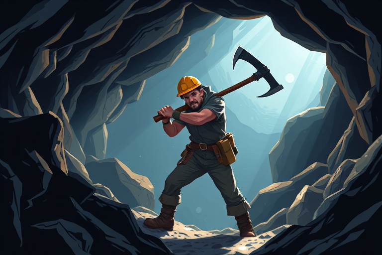 Create a vector-style illustration of a miner in a cave, swinging a pickaxe, with dramatic lighting and shadows, using a digital drawing technique, 4K resolution, 24mm lens, f/8 aperture, soft focus background.