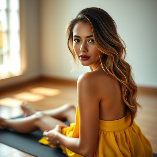 Resplendent photo of woman:caucasian:0.4, highlight hair, wearing Banana dress, sitting on Yoga mat, rim lighting, studio lighting, looking at the camera, dslr, ultra quality, sharp focus, tack sharp, dof, film grain, Fujifilm XT3, crystal clear, 8K UHD, highly detailed glossy eyes, high detailed skin, skin pores