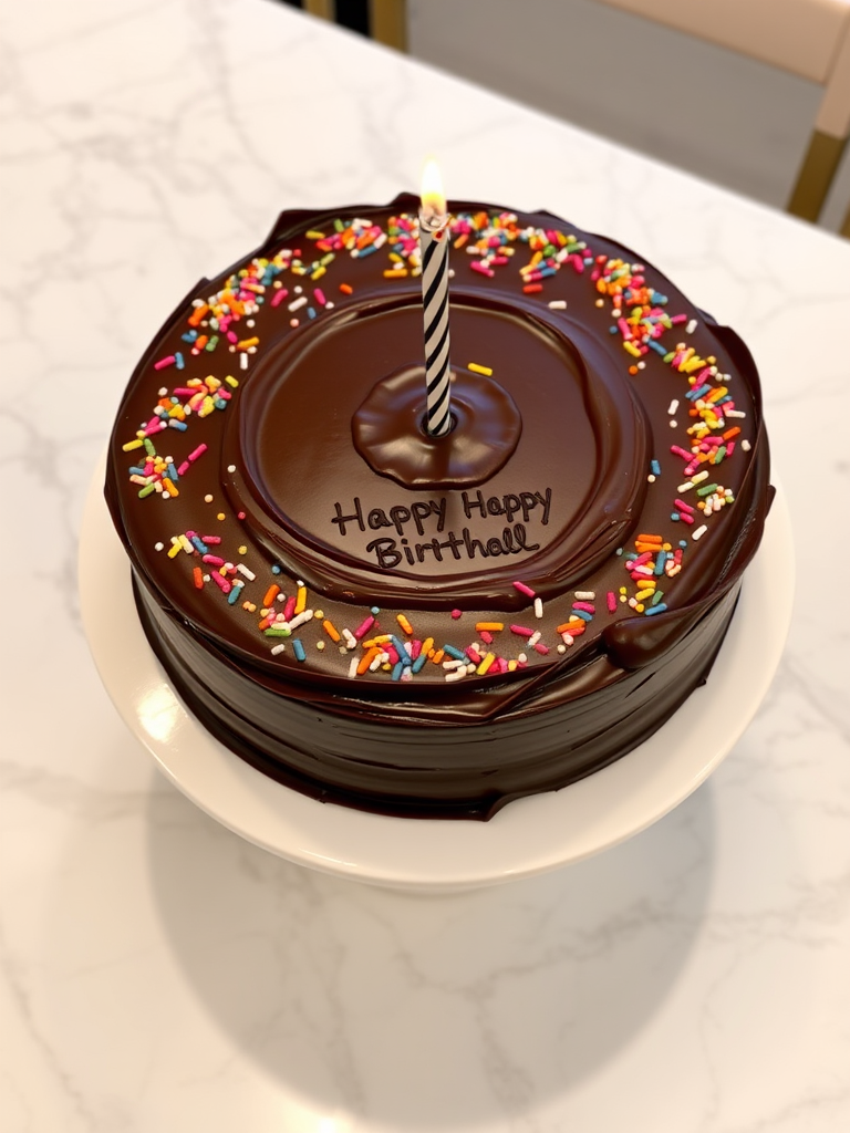 A round chocolate cake with rich chocolate frosting, decorated with colorful sprinkles on top and a single candle in the center, placed on a white cake stand, set on a marble table.