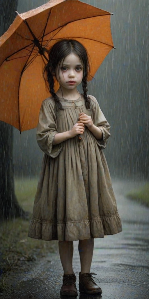 An eerie, weird little girl with dark hair in thin pigtails, wearing a smock dress, standing in the rain, holding a dirty orange umbrella, a small, odd creature beside her. In a surreal style inspired by Nicoletta Ceccoli and Brian Froud. Dark fantasy themes