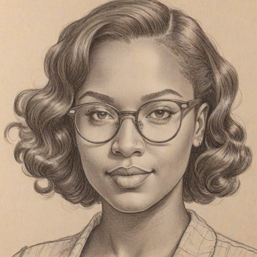 Resplendent Breonna Taylor, pencil sketch, portrait of Fetching woman 1936s in glasses, hair style beatnik, outline, clear lines, fine lines, 8k