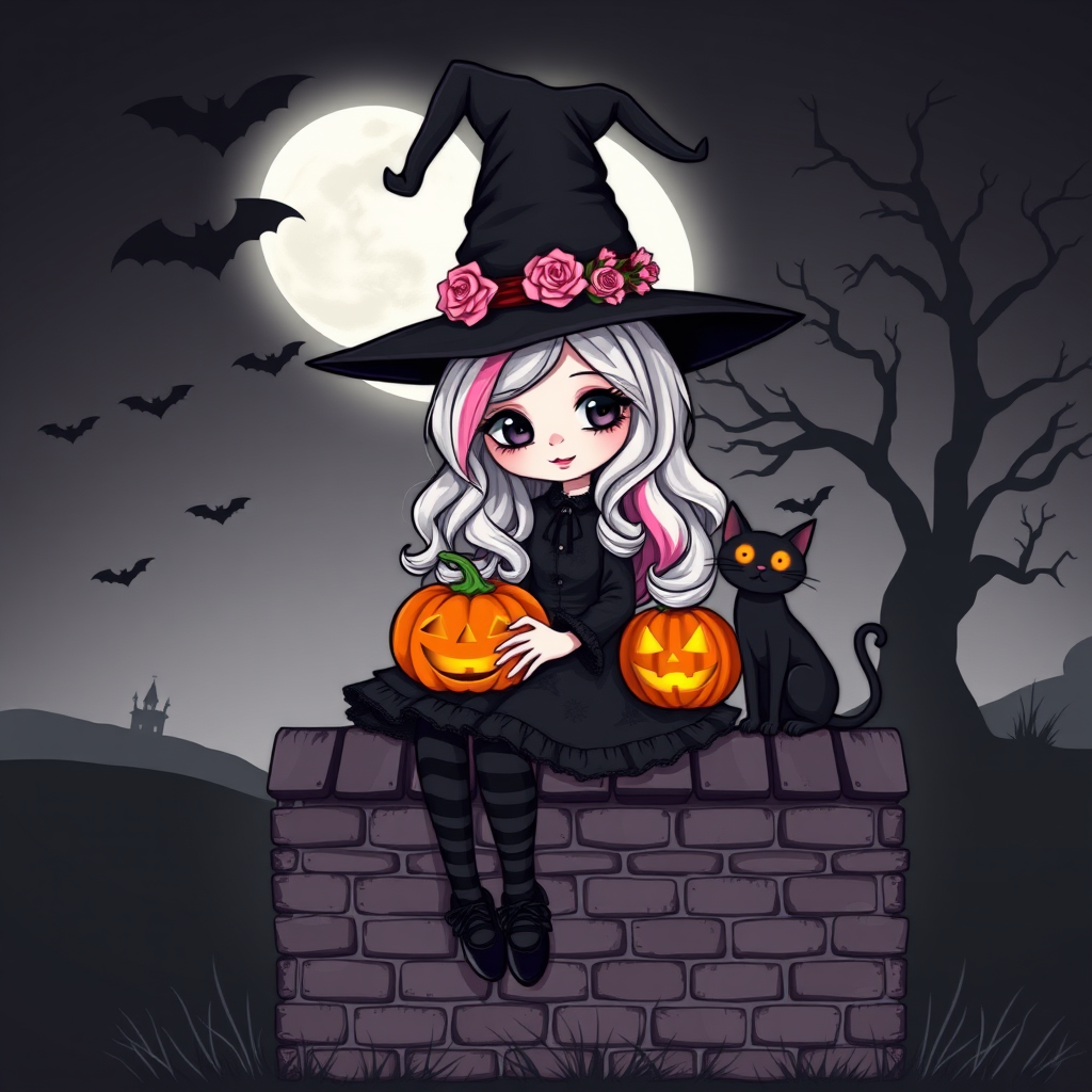 A cute, gothic-style cartoon of a young witch resembling Wednesday Addams sitting on a brick wall under a full moon. She has long wavy hair with silver, pink, and purple ombre highlights, and wears a classic black witch hat decorated with a pumpkin and roses. She is dressed in a black frilly dress with striped stockings and black shoes. A glowing Jack-o'-lantern sits beside her, and a black cat with glowing orange eyes is next to her. The background features a large moon, silhouetted bats, and a spooky tree, with a soft monochrome and slightly glowing effect, creating a magical Halloween atmosphere.