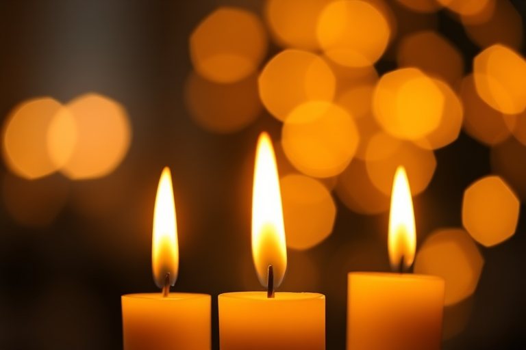 regenerate a close-up image of three burning candles with soft bokeh lights in the background, using a Canon EOS R, 50mm lens, f/1.8 aperture, ISO 200, 1/100 sec shutter speed, with a warm golden hue and focus on the candle flames.