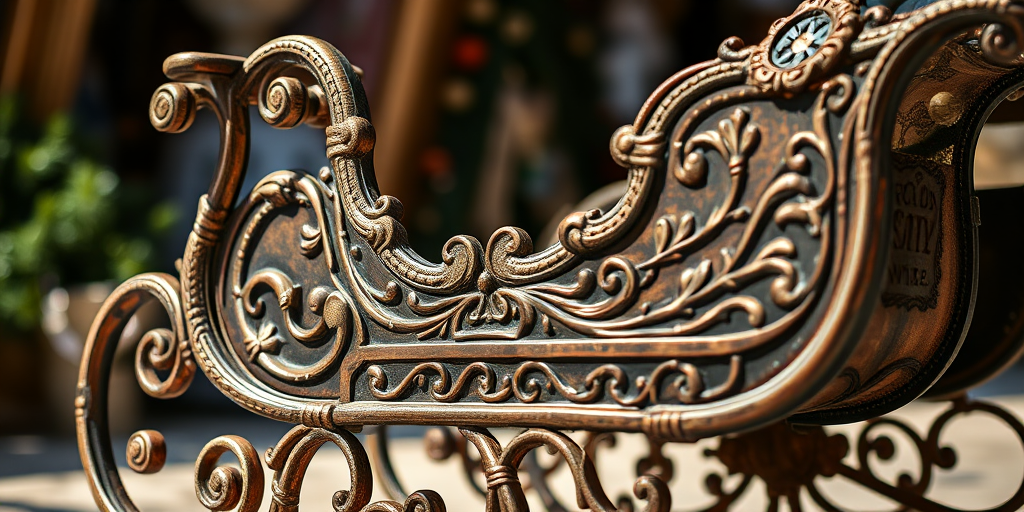 A vintage ornate sleigh with intricate detailing, captured in natural light from a low angle view, using a DSLR camera at f/2.8 aperture, ISO 200, and 50mm lens, emphasizing the craftsmanship and textures against a blurred background.