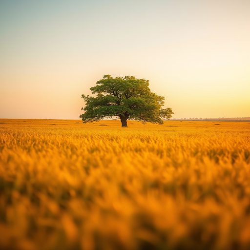 capture a solitary lush green tree in a golden grass field during golden hour with a shallow depth of field, 50mm lens, f/1.8 aperture, ISO 100, aperture priority mode, soft natural light