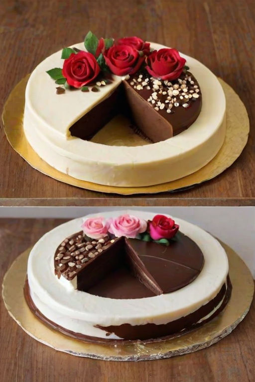 Create an image of a round cake divided into three sections. One section should have a smooth layer of dark chocolate ganache, the second section should be decorated with white frosting and rose designs, and the third section should have a sprinkle of chocolate chips. The cake should be presented on a golden cake board with a simple, elegant background.