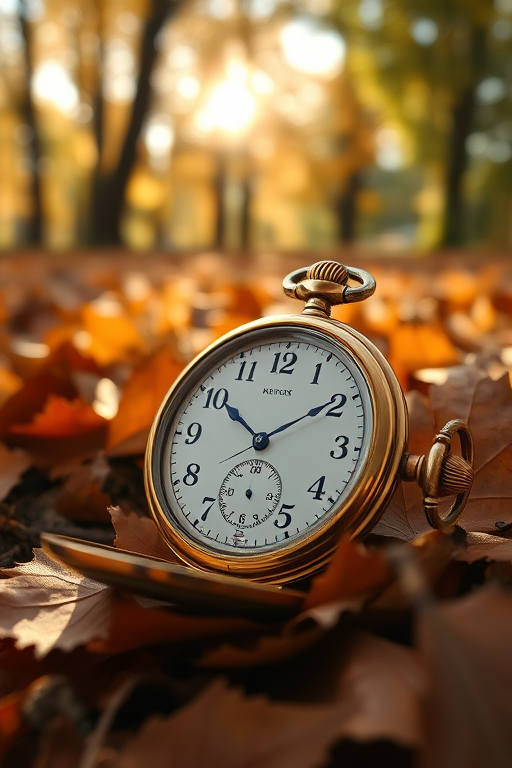 Close-up of a vintage pocket watch lying on a bed of autumn leaves, soft sunlight filtering through trees casting delicate shadows on the golden casing, with a sense of nostalgia in the air.