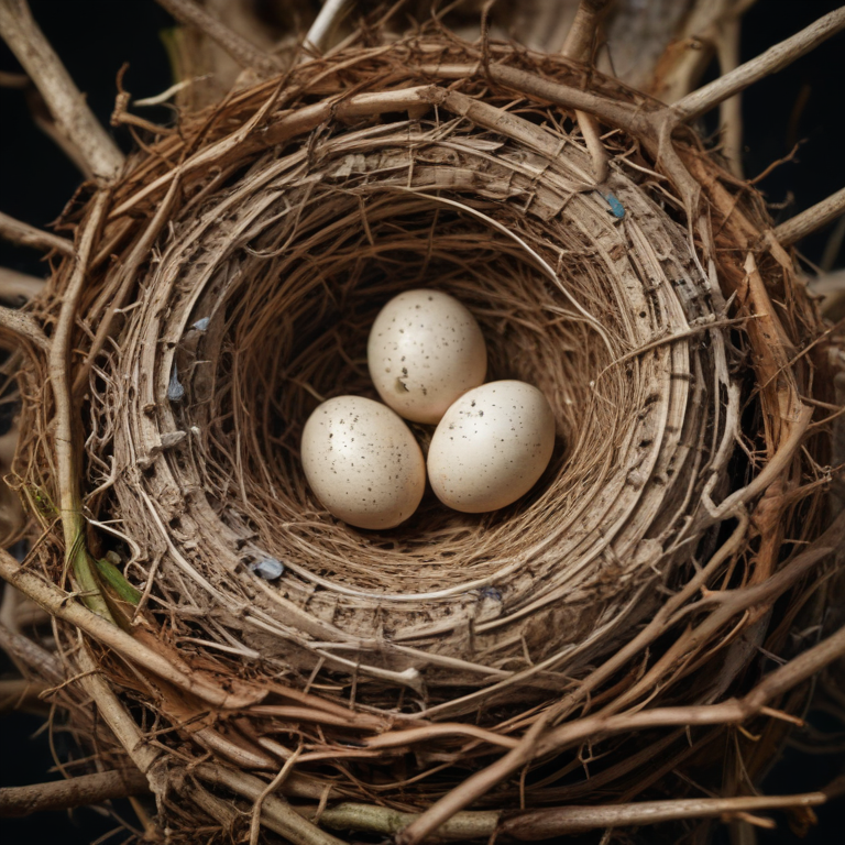 A Close-Up View of a Natural Bird Nest with Three Eggs Inside