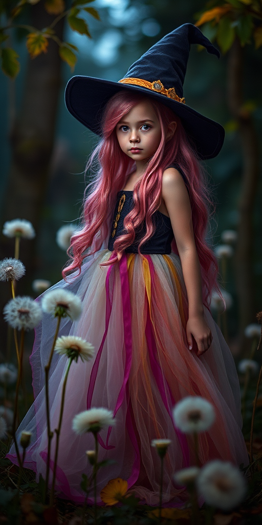 A whimsical fantasy scene featuring a young witch with long pink hair wearing a flowing, colorful dress, standing amidst dandelions and leaves at night; shot with a Canon EOS R5, 85mm f/1.2 lens, natural soft lighting, shallow depth of field, and vibrant colors to enhance details and textures.